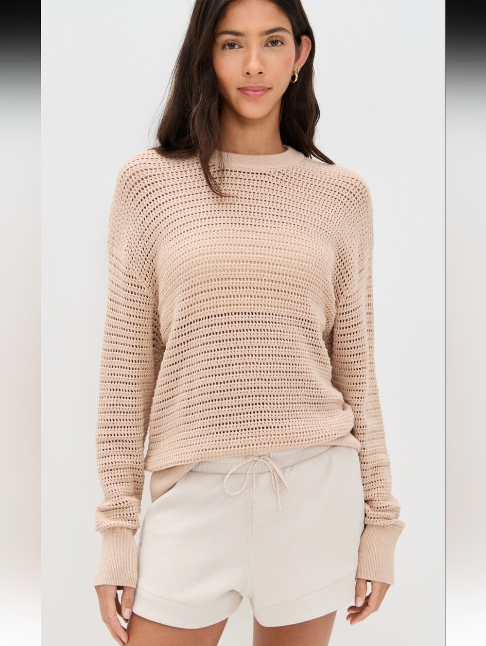 Varley Kershaw Open-Knit Cotton Crewneck Sweater in Light Beige